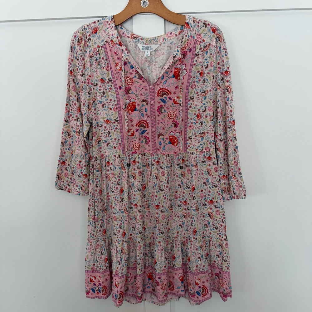 Market & Spruce Pink Floral Dress Ruffle Tiered Flounce‎ Boho Cottagecore Medium